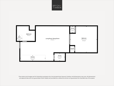 Floor plan for 1 bed, 1 bath, 577 sqft